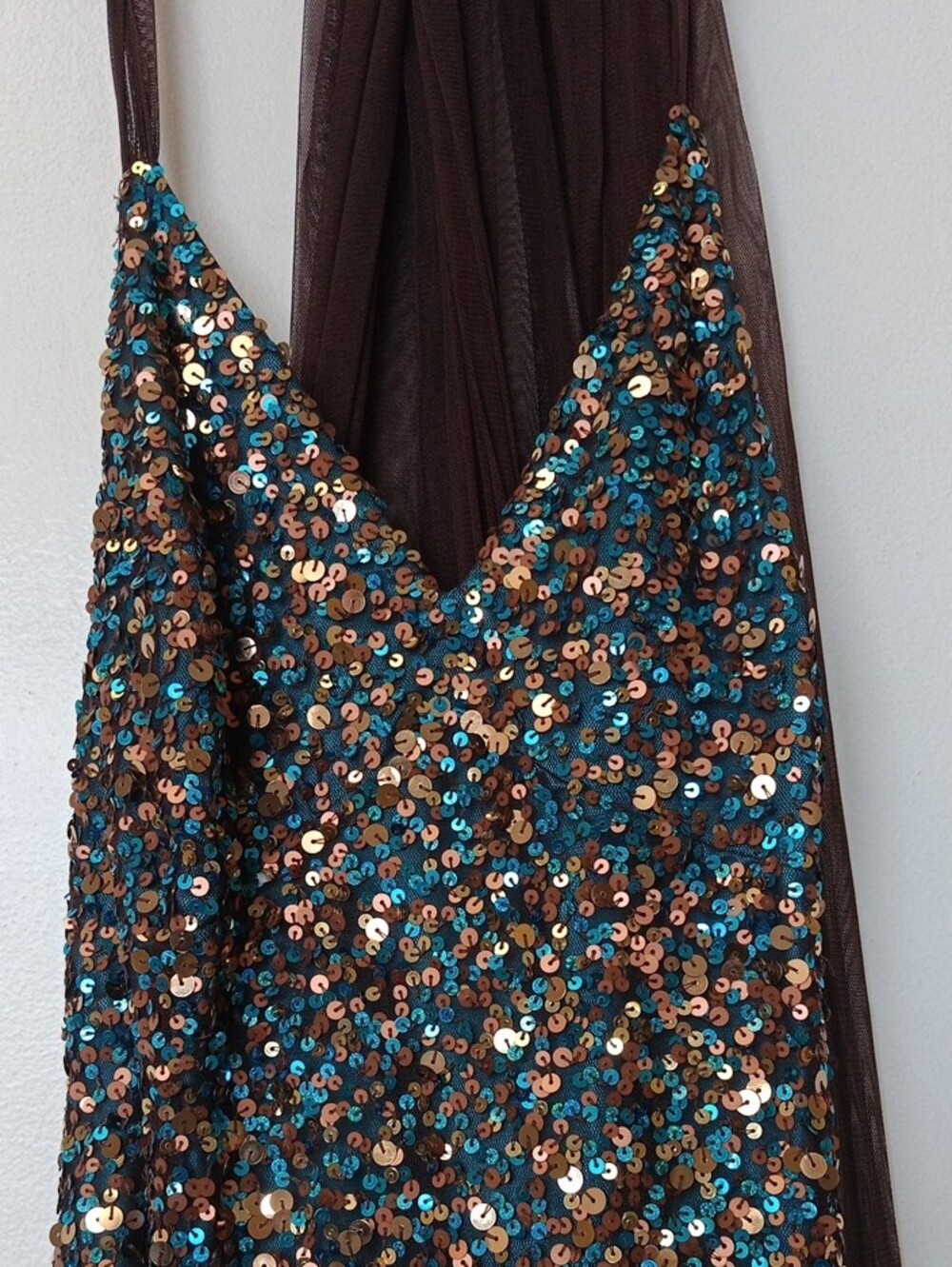 Scala Teal & Brown Sequin Strappy Maxi Gown - Picture 6 of 13